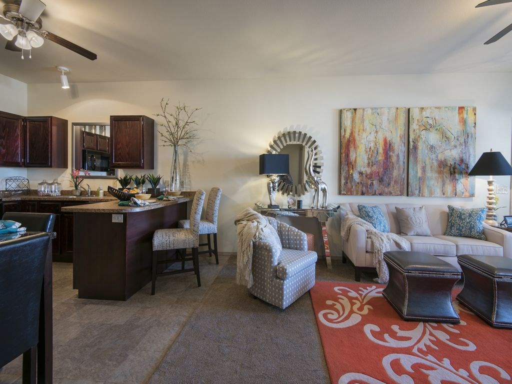 a living room with a couch and a table