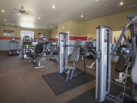 a gym with a lot of machines and weights