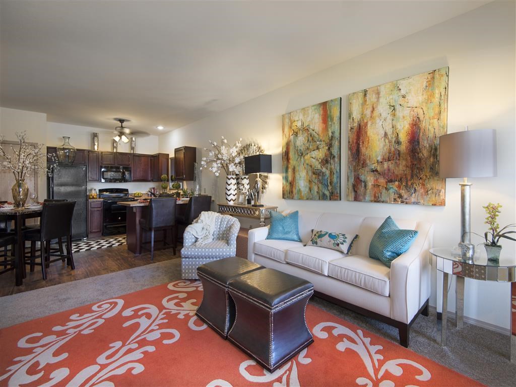 a living room with a couch and a table