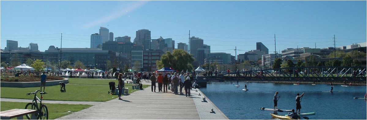 a group of people standing on a boardwalk near a body of water