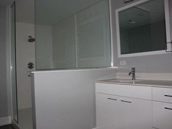 large bathroom with glass frame shower at Thomas Jefferson Tower, Birmingham, 35203 - Photo Gallery 12