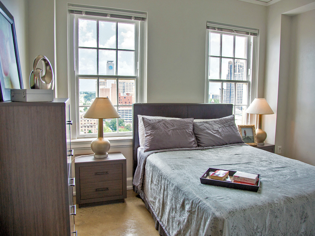 TJ Tower bedroom with available furnishings at Thomas Jefferson Tower, Birmingham