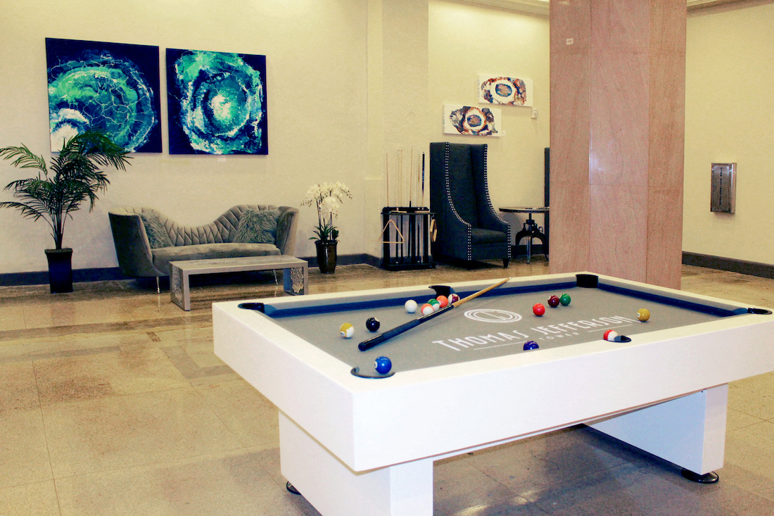 TJ Tower lobby with billiard table at Thomas Jefferson Tower, Birmingham, AL