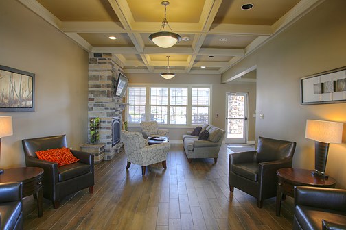 a living room with couches and chairs and a fireplace
