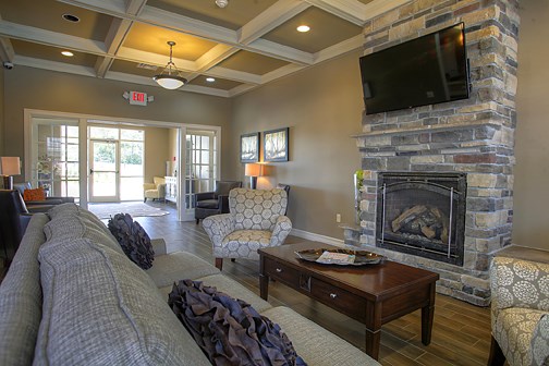 a living room with a fireplace and a television
