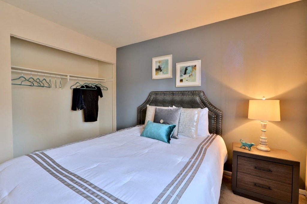 a bedroom with a large bed and a closet