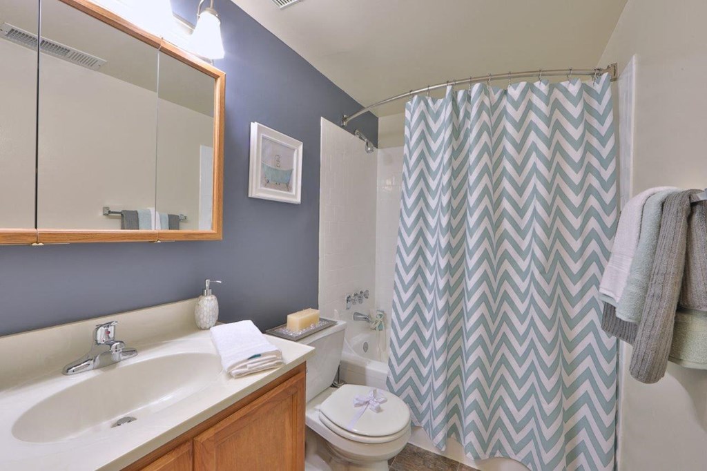 a bathroom with a shower curtain and a sink and a toilet