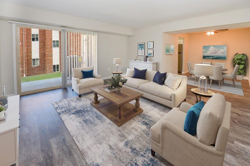 a living room with a couch and a table