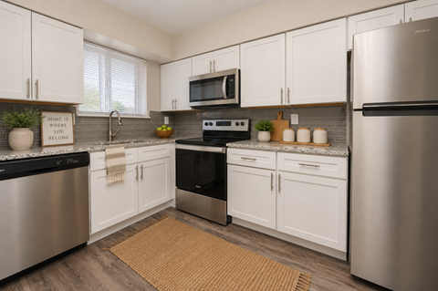 A kitchen with white cabinets and stainless steel appliances.