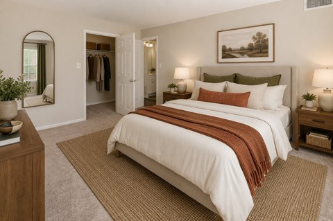 A bedroom with a large bed and a mirror on the wall.