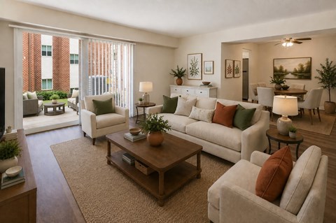 A living room with a brown rug and a white couch.