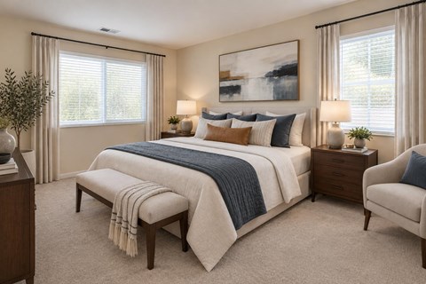 A bedroom with a large bed, a bench, and a chair.