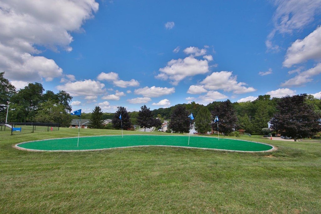 a golf course in the middle of a grass field
