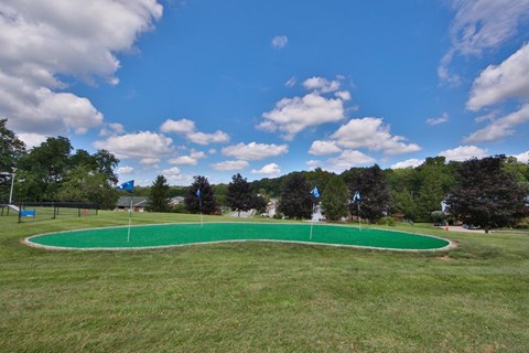 a golf course in the middle of a grass field
