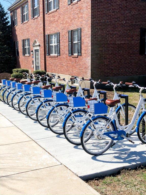 a row of blue bikes parked in front of a building