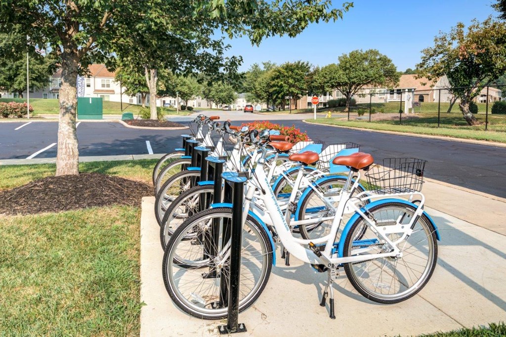 A row of bicycles are parked on the sidewalk.