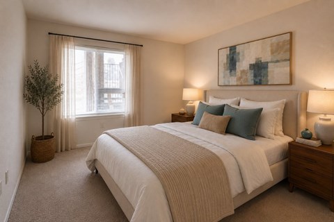 A bedroom with a large bed and a painting on the wall.