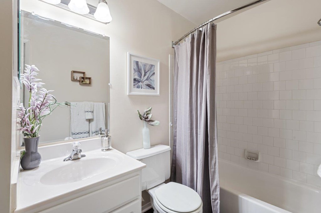 A white bathroom with a toilet, sink, and shower.