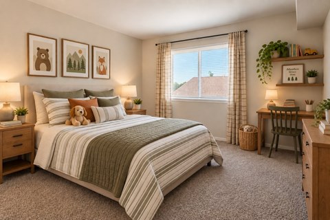 A cozy bedroom with a large bed and a window with curtains.