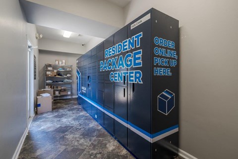 A resident packaging center with a blue and white sign.
