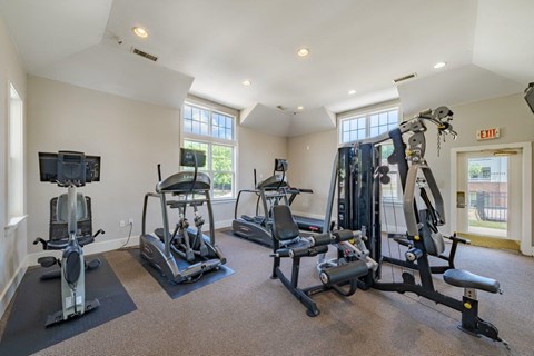 A well-equipped home gym with various exercise machines.