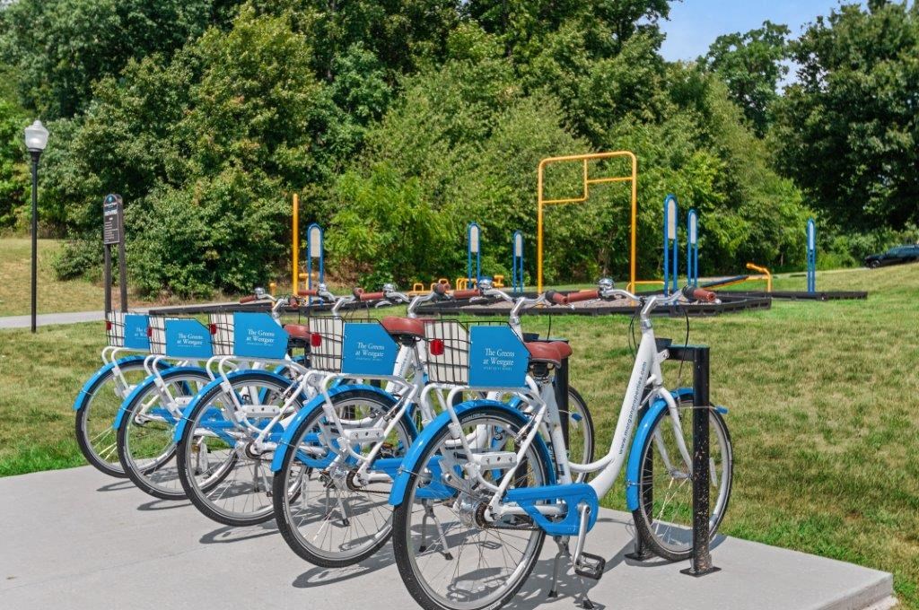 a row of blue bikes parked in front of a playground