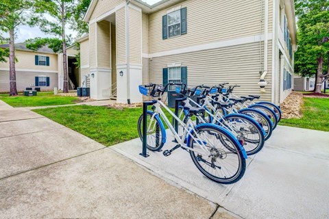 a row of bikes parked in front of a house