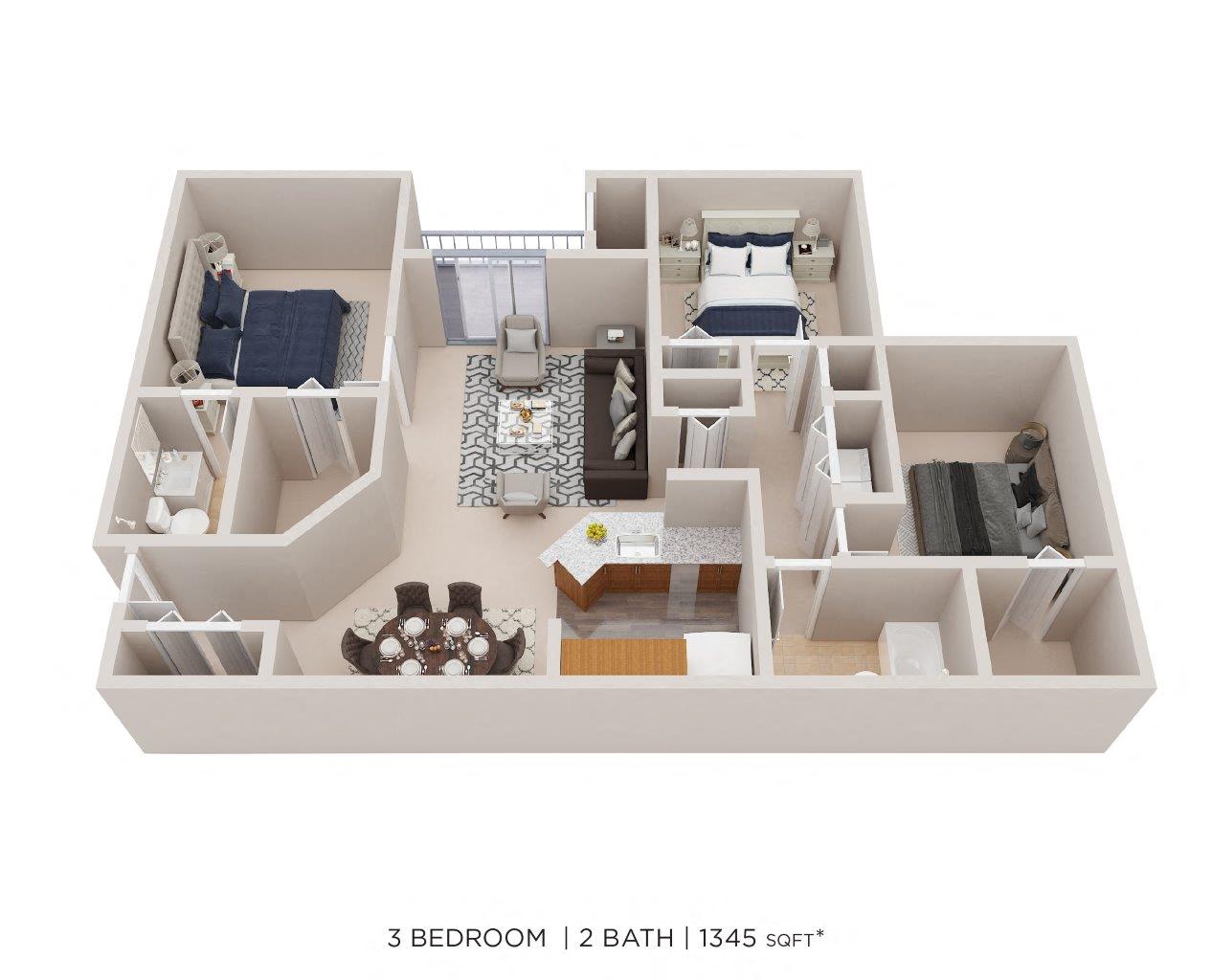 Three Bedroom 2 Bath - 1,345 sqft