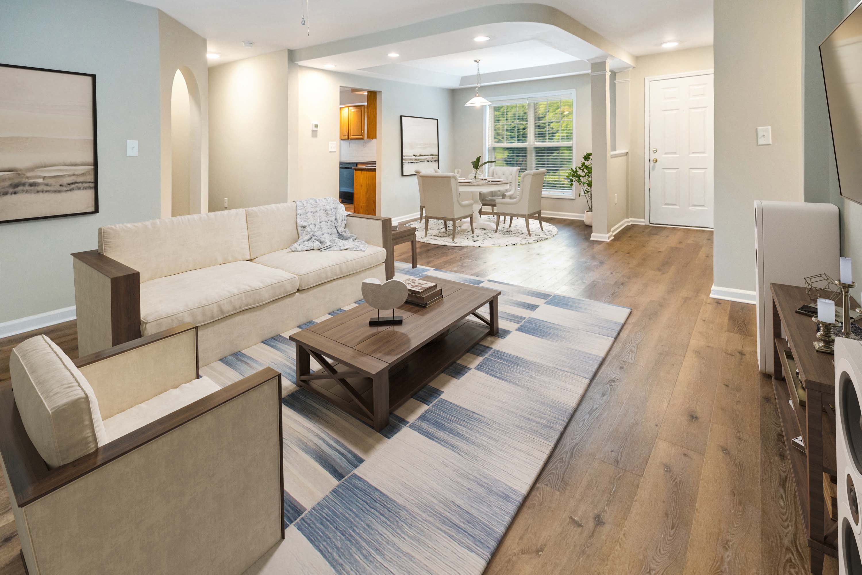 a living room with a couch and a table