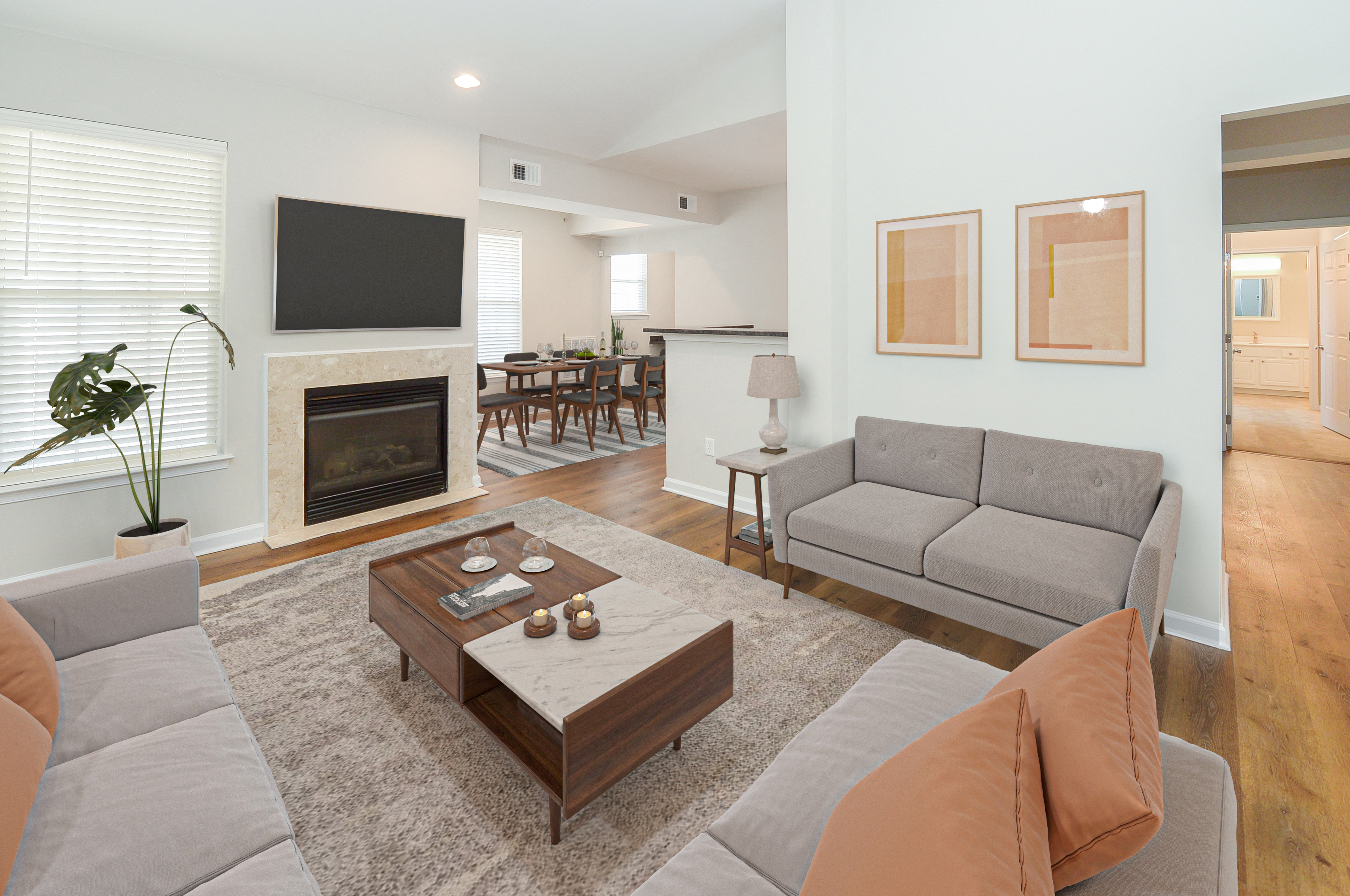 a living room with a couch and a coffee table