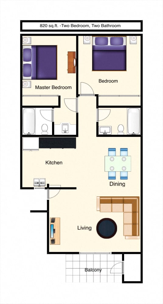 two bedroom, two bathroom with tub, dining, kitchen, living spaces, small balcony with exterior storage unit