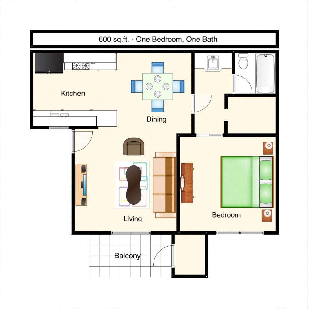 one bedroom, one bathroom with tub, walk-in closet, dining, kitchen, living spaces, small balcony with ext. storage unit