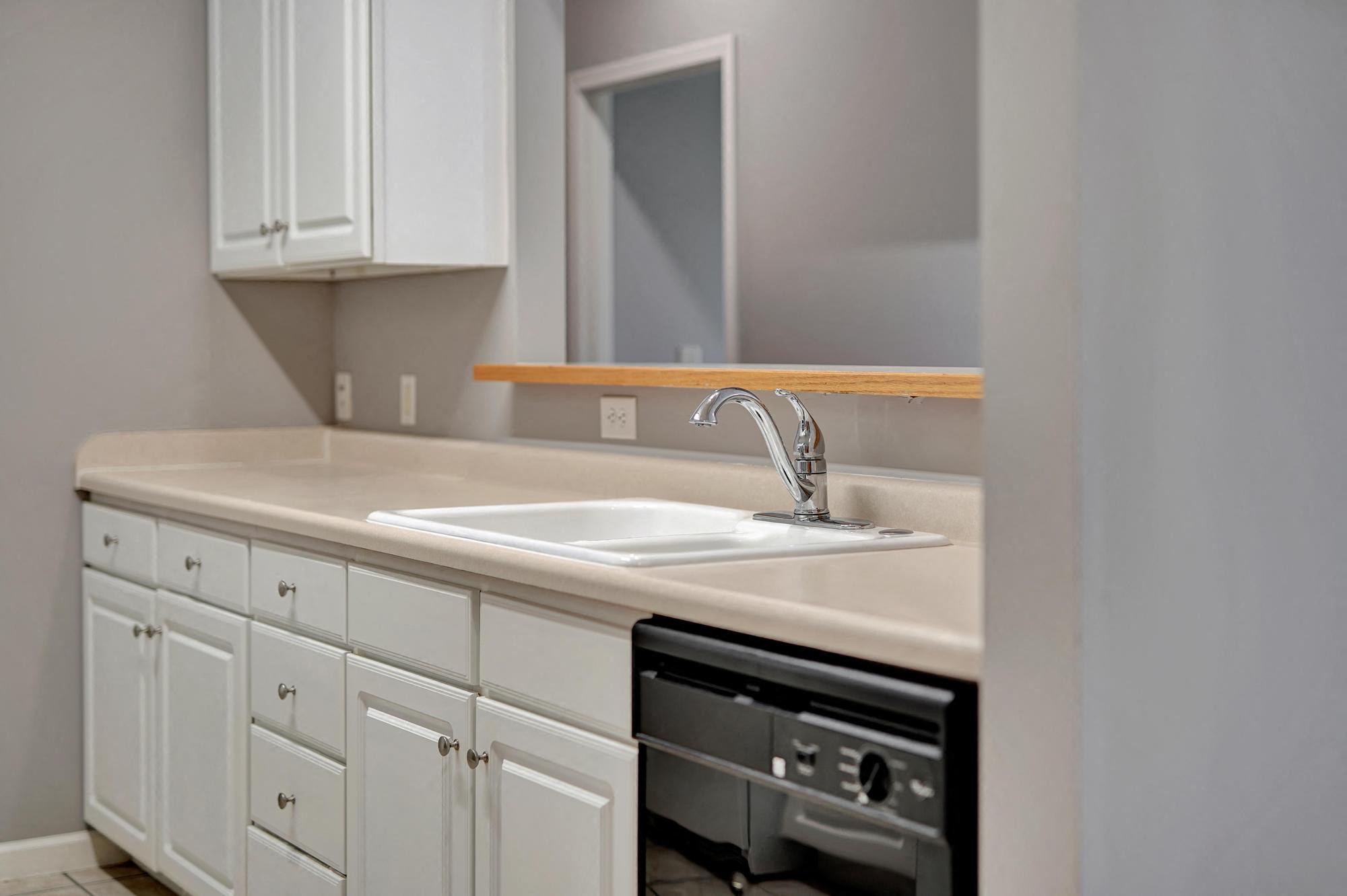 a kitchen with white cabinets and a sink and a dishwasher
