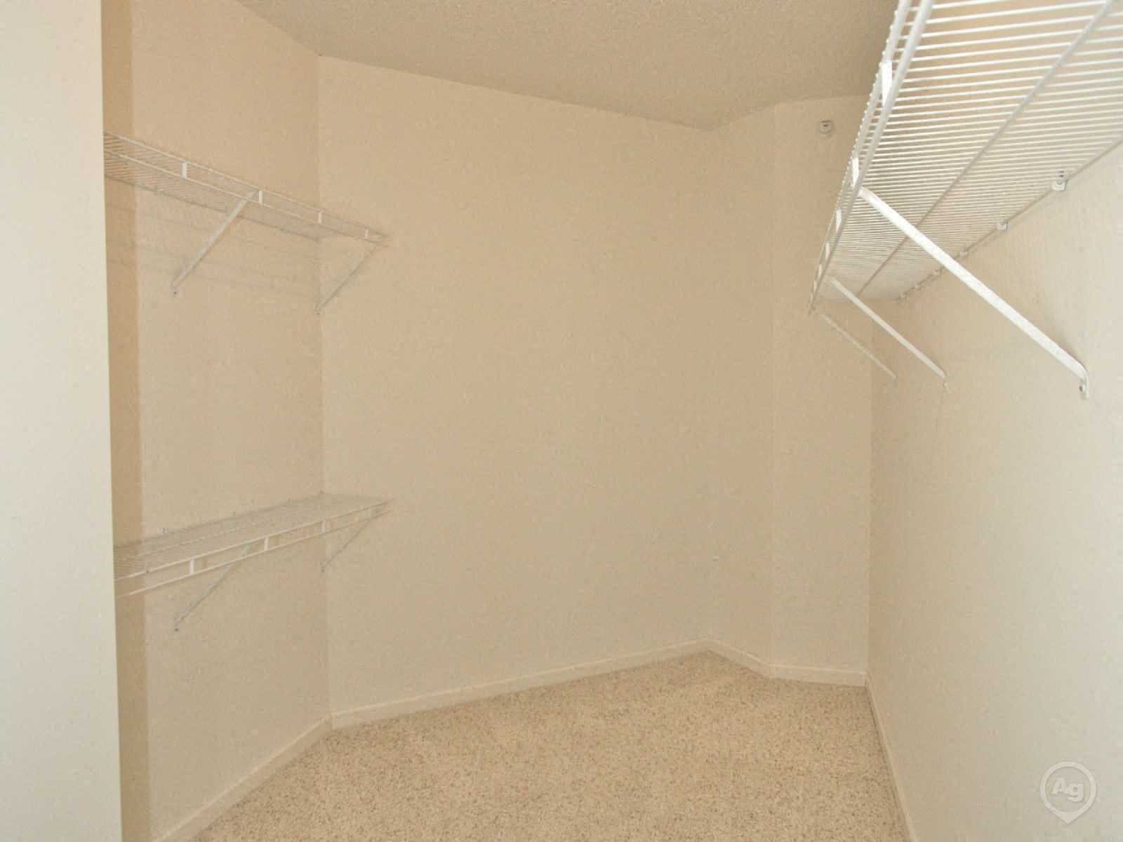 Empty room with white shelves and a fan on the ceiling.