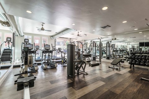a gym with cardio machines and weights on a wooden floor