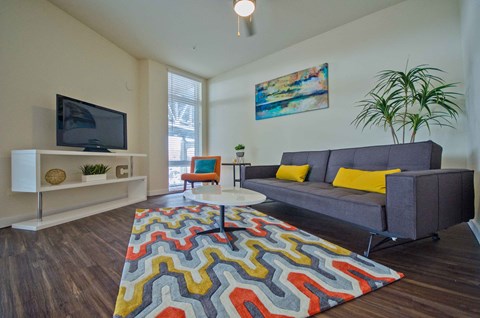 a living room with a couch and a tv