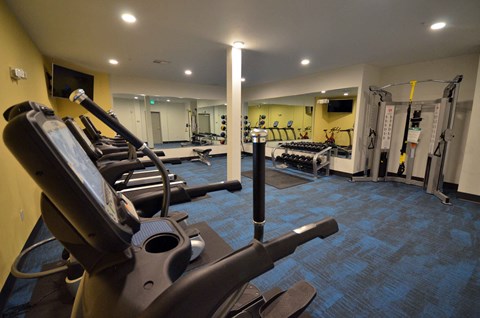 a gym with weights and cardio equipment in a building