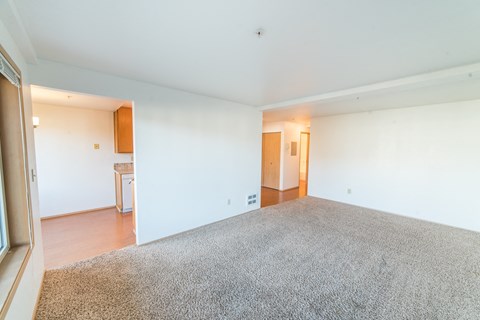 an empty living room with carpet and a kitchen