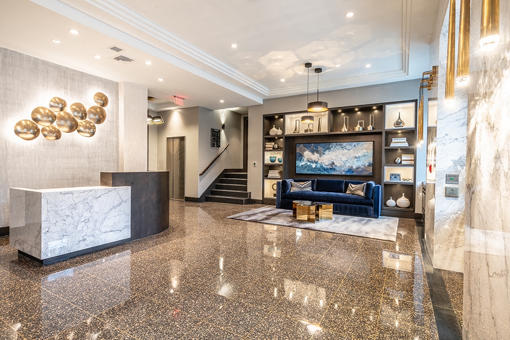 Newly renovated entrance at the Century apartment building. A luxury building with historic charm