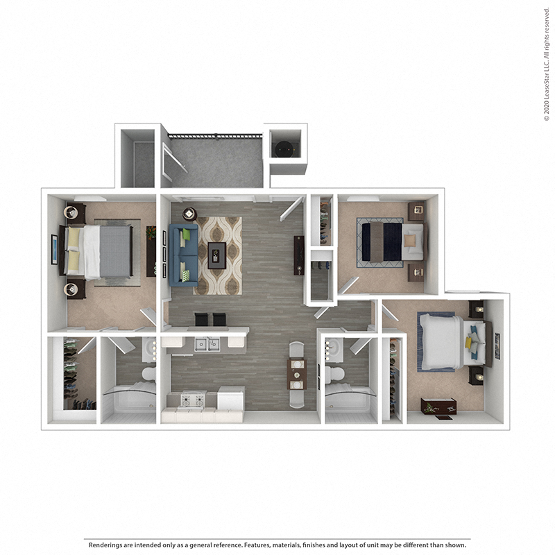 Three bedroom, two bathroom floor plan at Mountain Vista Apartment Homes