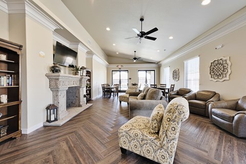 a living room with couches and chairs and a fireplace