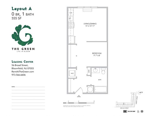 Studio Floor Plan at The Green at Bloomfield, Bloomfield, NJ