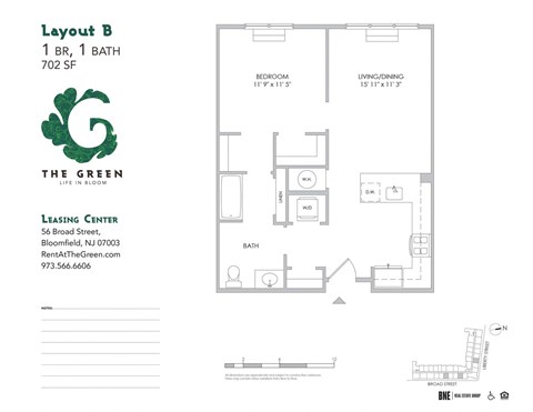 1 Bed, 1 Bath Floor Plan at The Green at Bloomfield, New Jersey