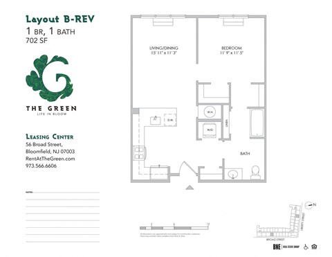 1 Bedroom 1 Bathroom Floor Plan at The Green at Bloomfield, New Jersey, 07003