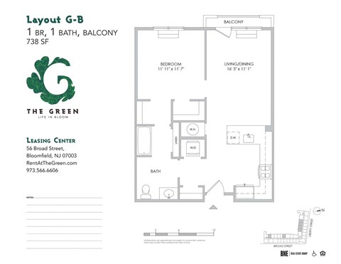 Layout G-B 1 Bed 1 Bath Floor Plan at The Green at Bloomfield, Bloomfield, 07003
