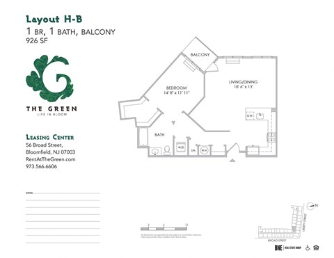 Layout H-B 1 Bed 1 Bath Floor Plan at The Green at Bloomfield, New Jersey