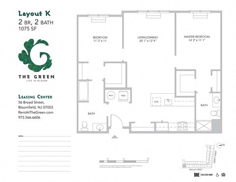 2 Bedroom 2 Bathroom Floor Plan at The Green at Bloomfield, Bloomfield, NJ