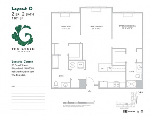 Layout O 2 Bed 2 Bath Floor Plan at The Green at Bloomfield, New Jersey