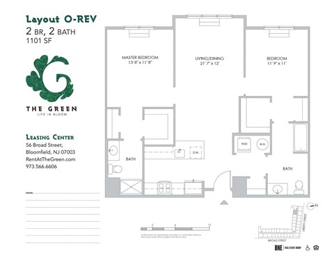 Layout O-Rev 2 Bedroom 2 Bathroom Floor Plan at The Green at Bloomfield, Bloomfield, NJ, 07003