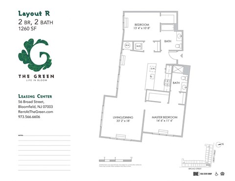 Layout R 2 Bed 2 Bath Floor Plan at The Green at Bloomfield, New Jersey